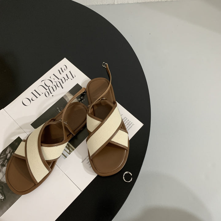 Women's Flat Sandals – Canvas & Leather Crossover Slingback