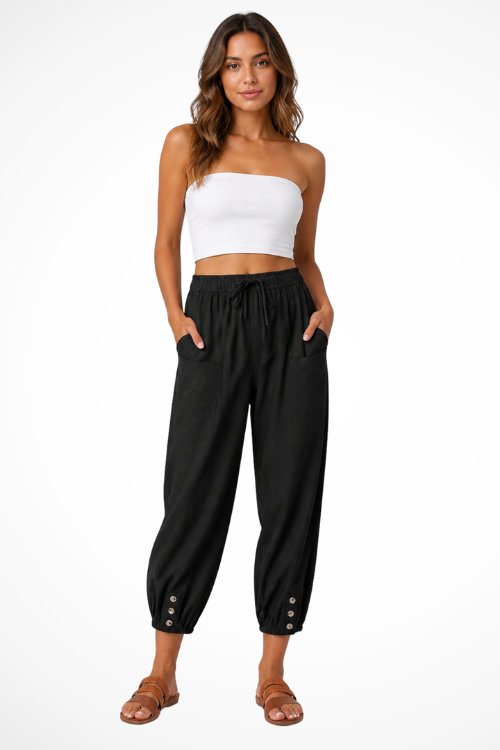 Women's Linen Cropped Pants – Drawstring Waist & Button Hem