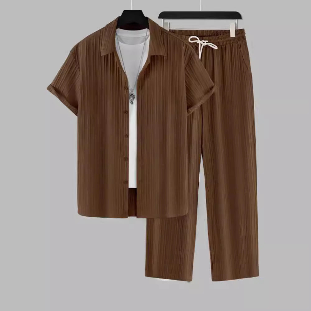 Men's Two Piece Set – Textured Stripe Shirt & Drawstring Trousers