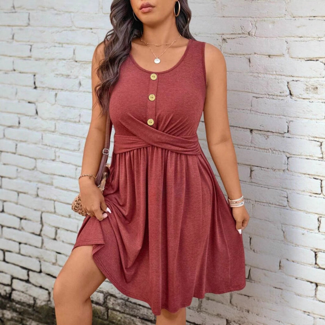 Women's Midi Dress – Flowy V-Neck Empire Waist Button Detail