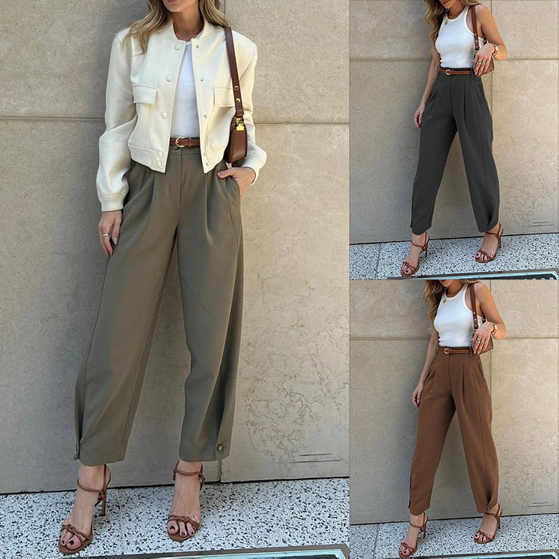 Women's Cropped Suit Pants High Waist – Loose Tailored Elastic Waistband