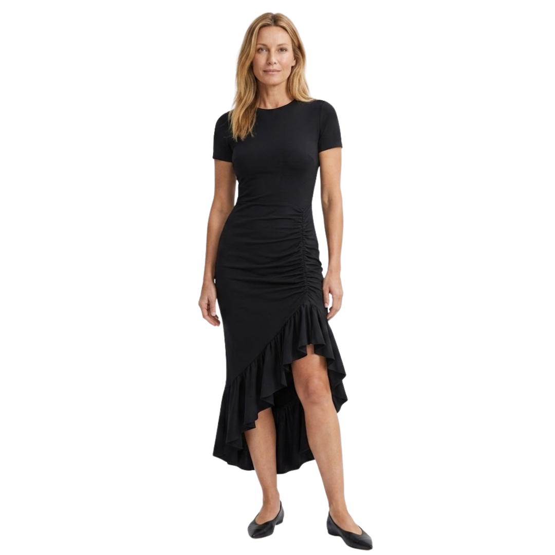 High-Low Maxi Dress – Ruched Side & Asymmetric Ruffle Trim