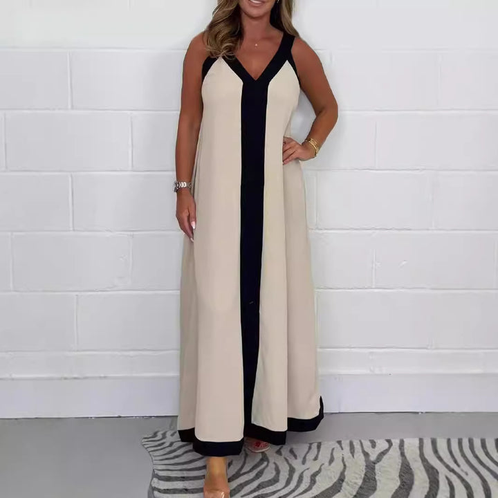 Women's Colorblock Maxi Dress – V-Neck, Contrast Stripe & Slit