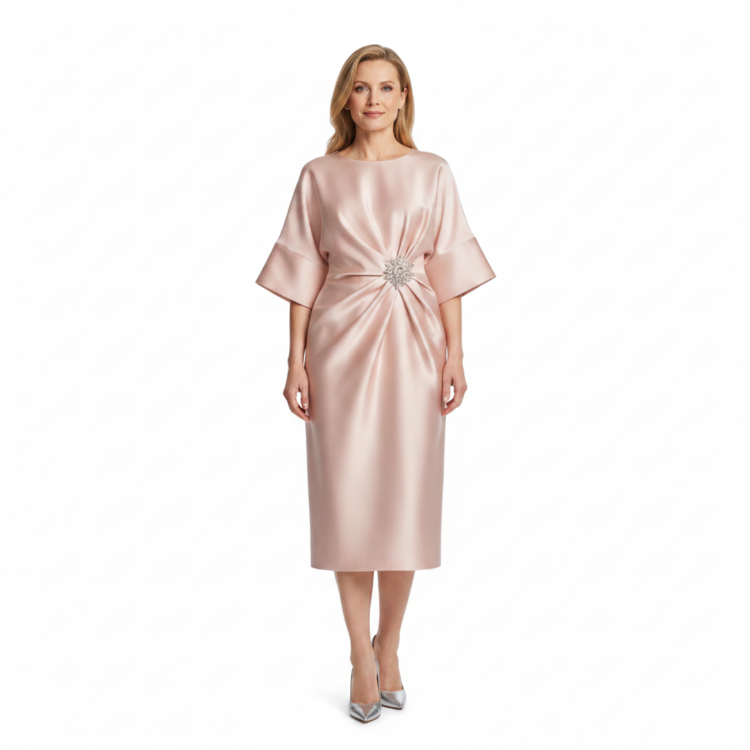 Women's Satin Midi Dress Batwing Sleeves – Bateau Neckline Jewel Waist