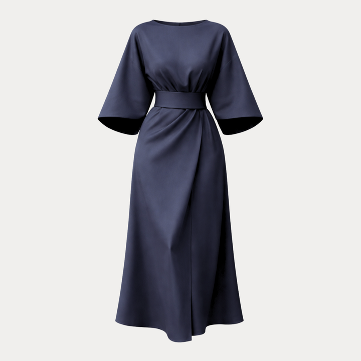 Women's Belted Wrap Midi Dress – Wide Flowing Sleeves Draped Waist
