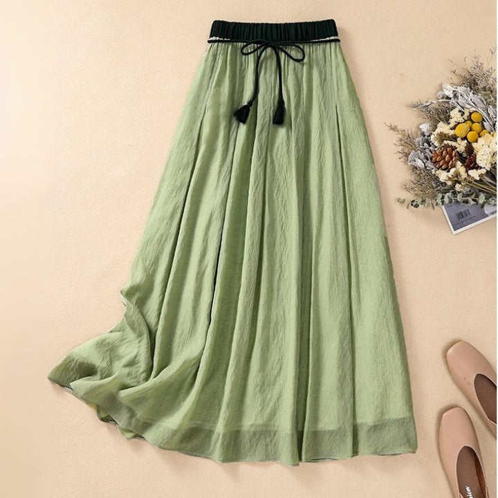 Women's Linen A-Line Maxi Skirt Gathered Waist – Contrast Waistband