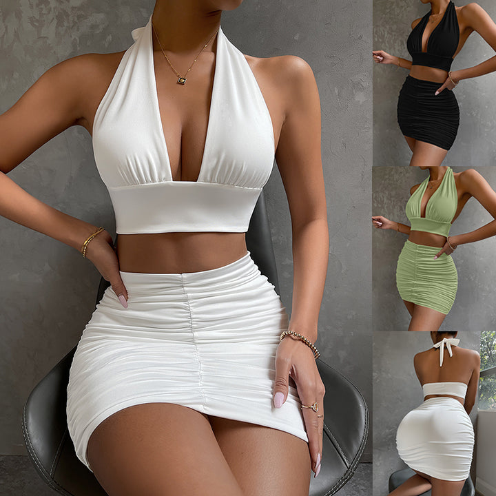 Women's Halter Two-Piece Dress Set – Lace-Up Crop Top Pleated Mini Skirt