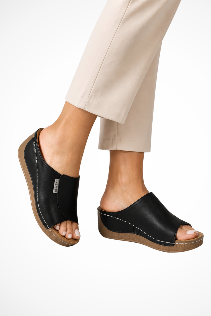 Women's Leather Wedge Mules – Open Toe Slip-On Design
