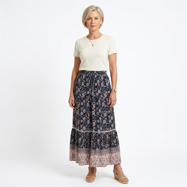 Floral Maxi Skirt – High-Waist Drawstring A-Line, Cotton