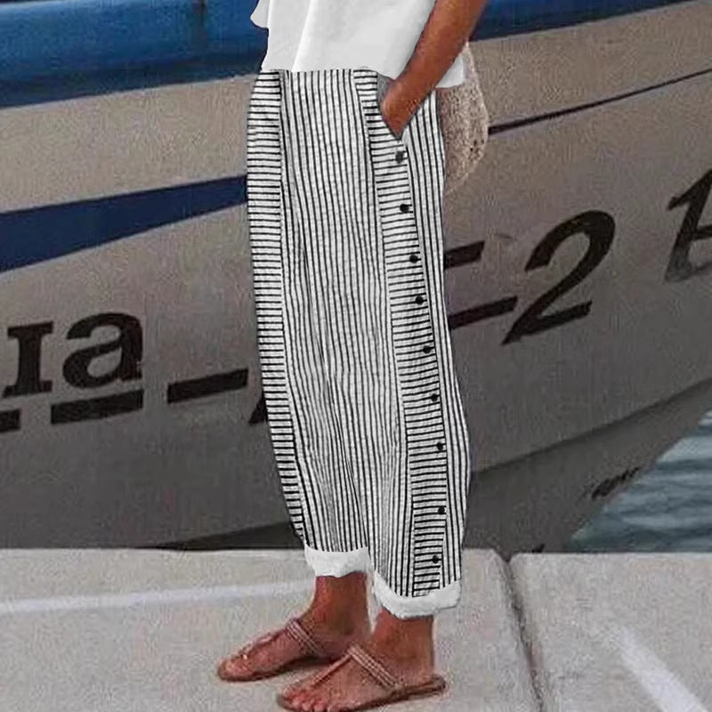 Wide Leg Striped Trousers – Women's Relaxed Fit Lightweight Pants