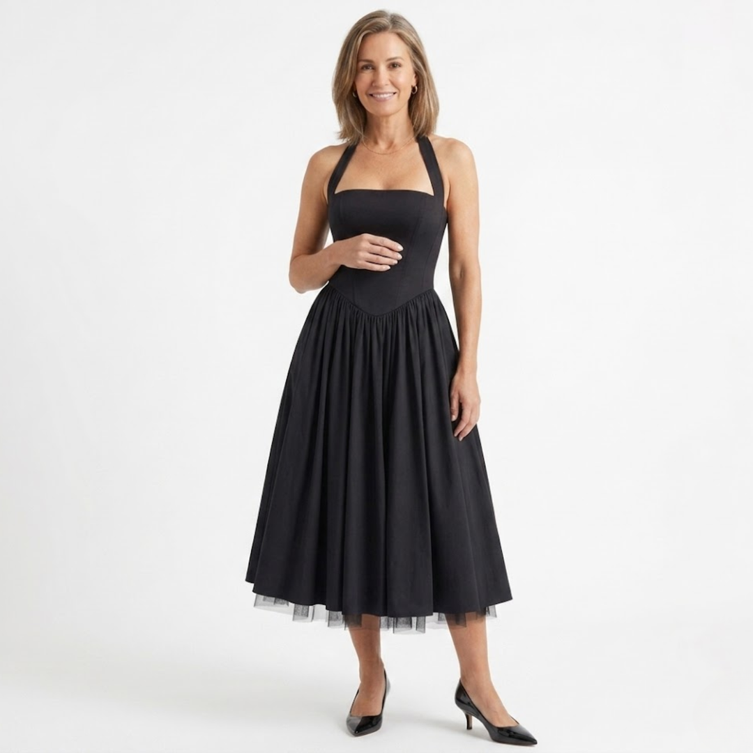 Midi Dress Halter Open Back Trapeze – Fitted Bodice Flared Skirt Style