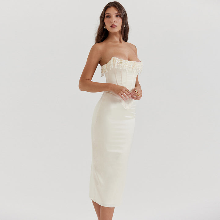 Cold Shoulder Midi Dress – Pearl Fishbone Structured Fit