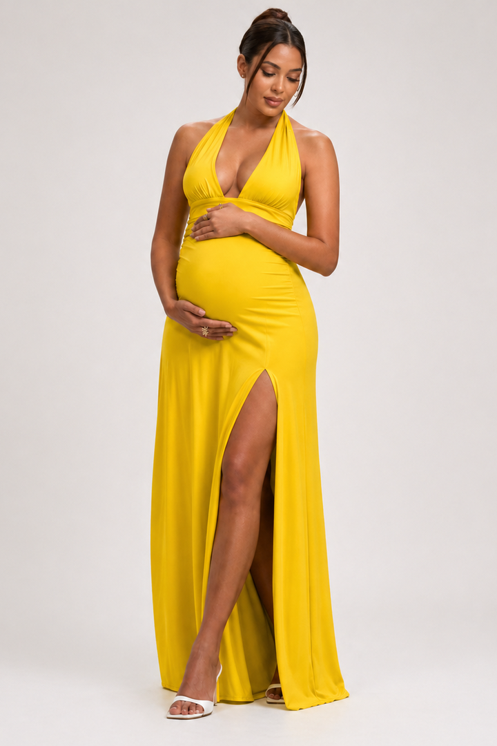 Maternity Maxi Dress – Halter Neck Open Back Side Slit Gown