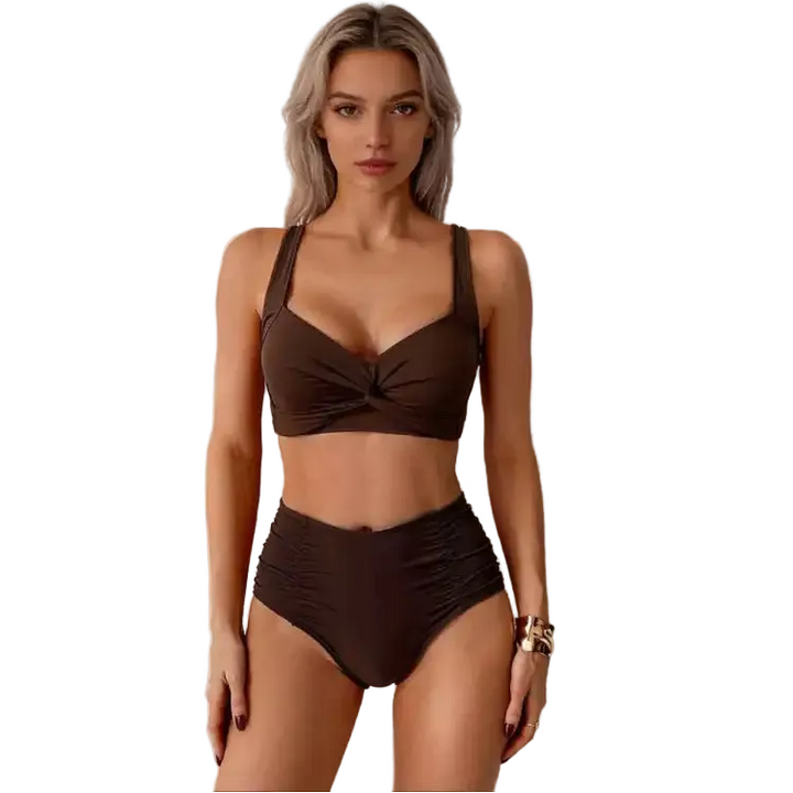 High-Waist Ruched Bikini Set – Twist-Front Top