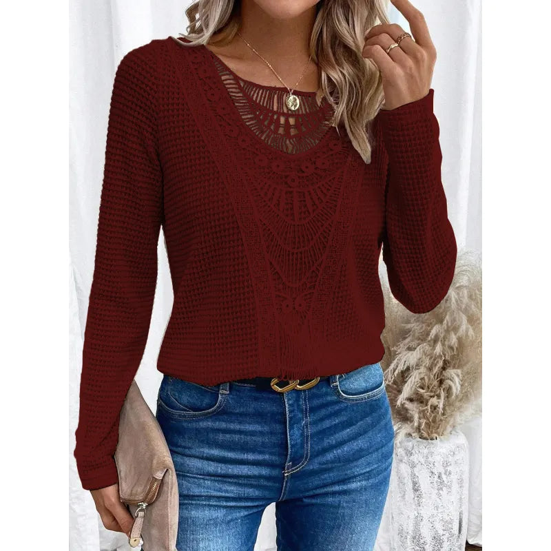 Women's Lace Panel Knit Top – Long Sleeve Round Neck