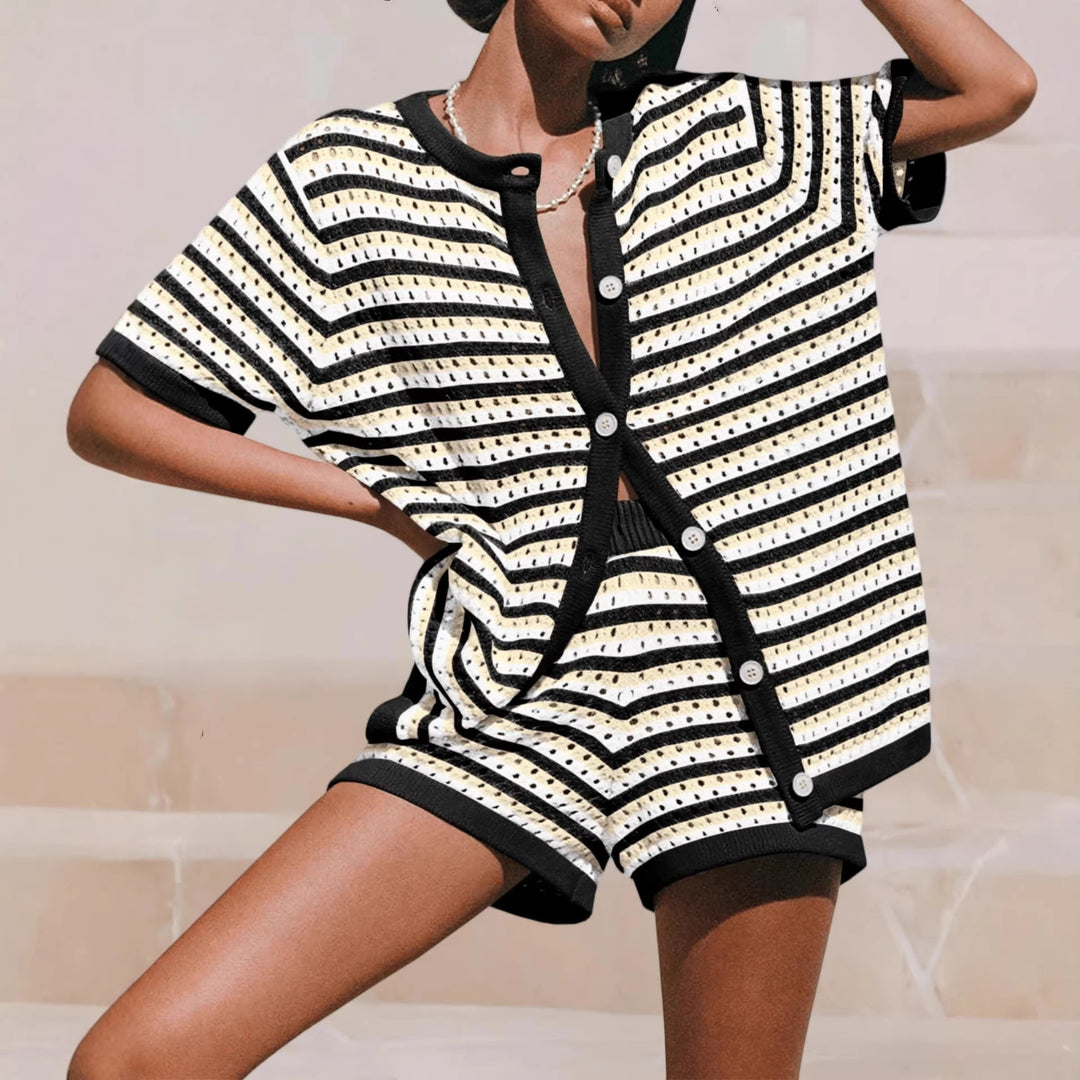 Women's Two Piece Knit Striped Cardigan & Shorts Set