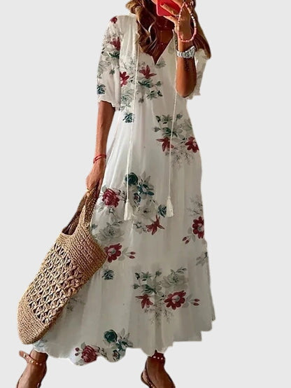 Women's Boho Vintage Maxi Dress V-Neck – Short Sleeve Summer Style