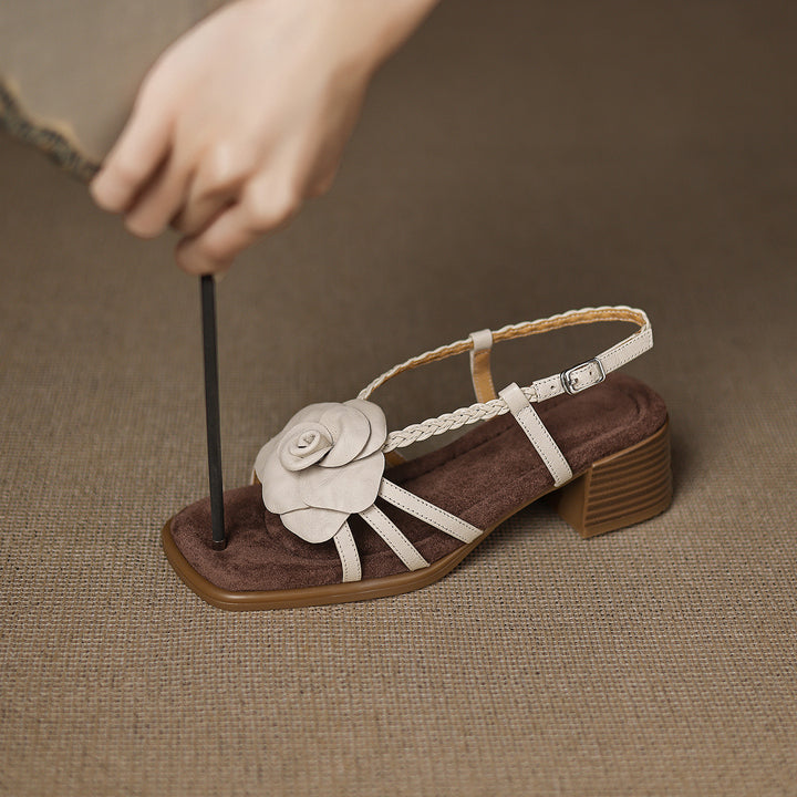 Women's Heeled Sandals – Square Toe Chunky Leather Floral Detail