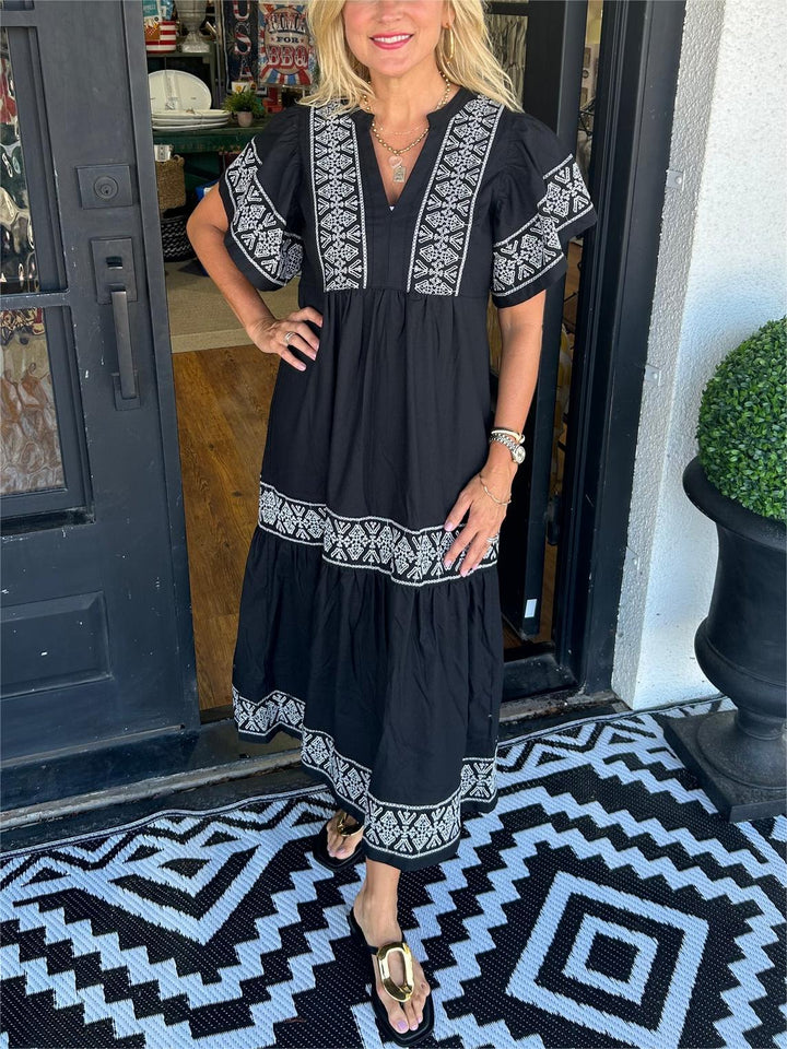 Women's Boho V-Neck Midi Dress Short Sleeve – Flowing Intricate Pattern