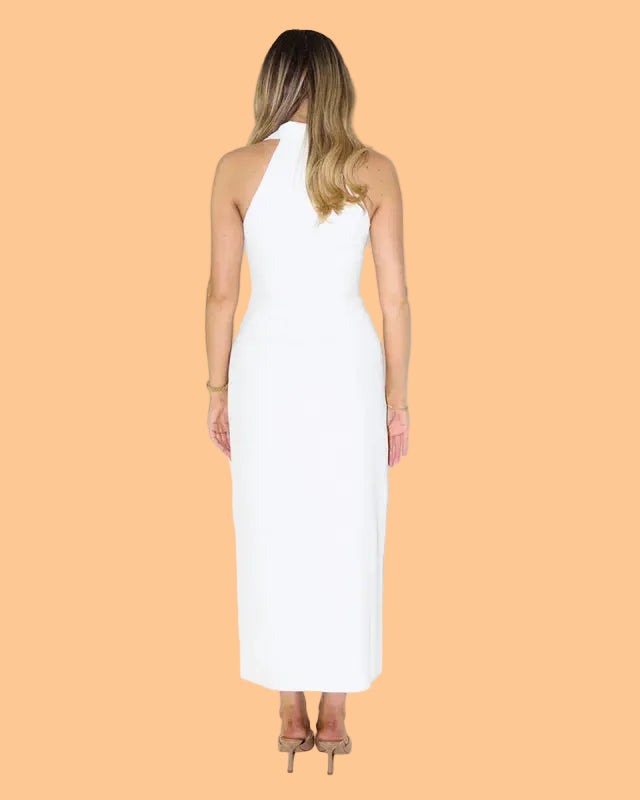 Midi Halter Dress – Collared Neckline & Front Button Slit