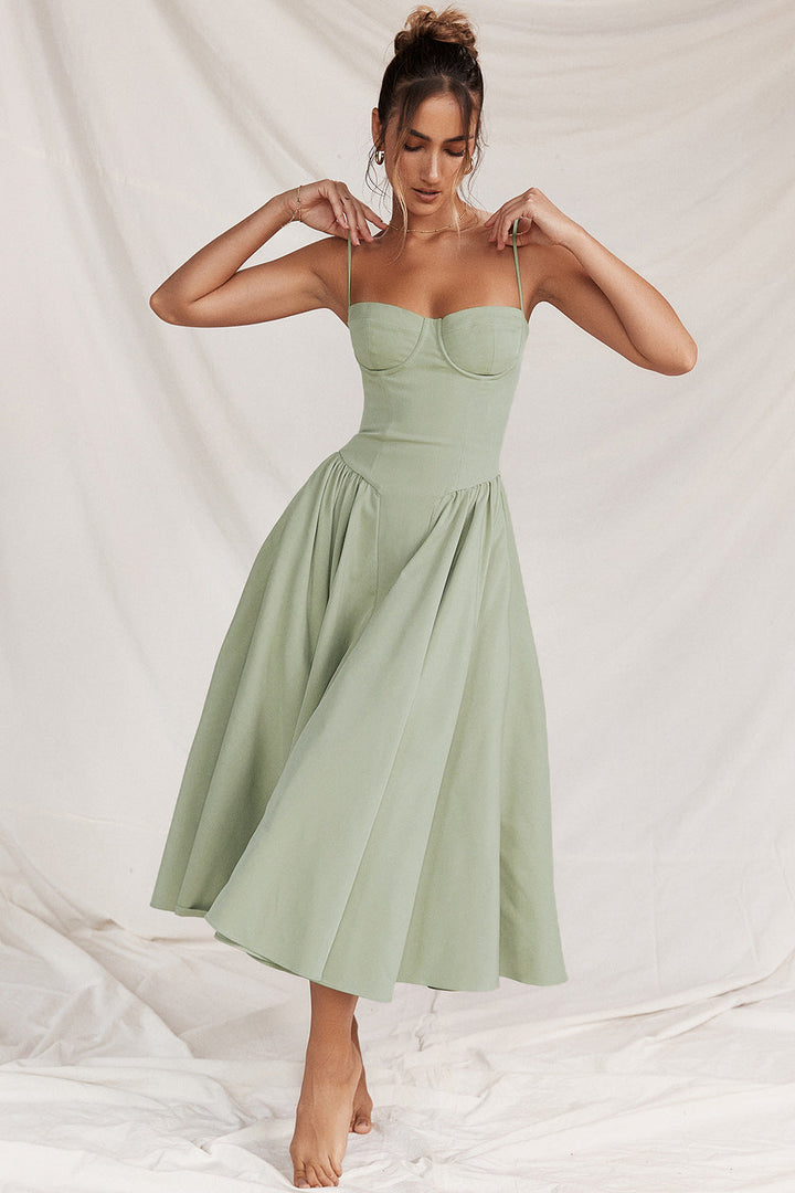 Women's Corset Bodice Midi Dress – Adjustable Straps Fitted Structured