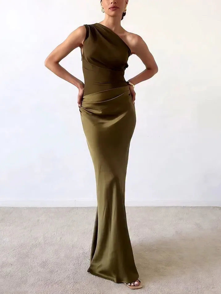 Women's One-Shoulder Pleated Maxi Dress – Structured Formal Gown