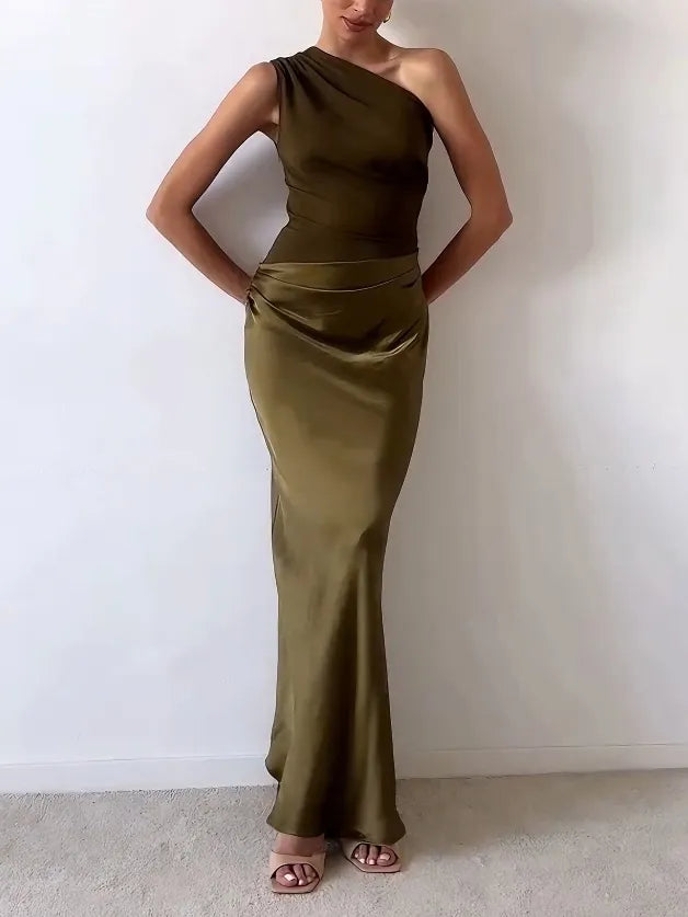 Women's One-Shoulder Pleated Maxi Dress – Structured Formal Gown