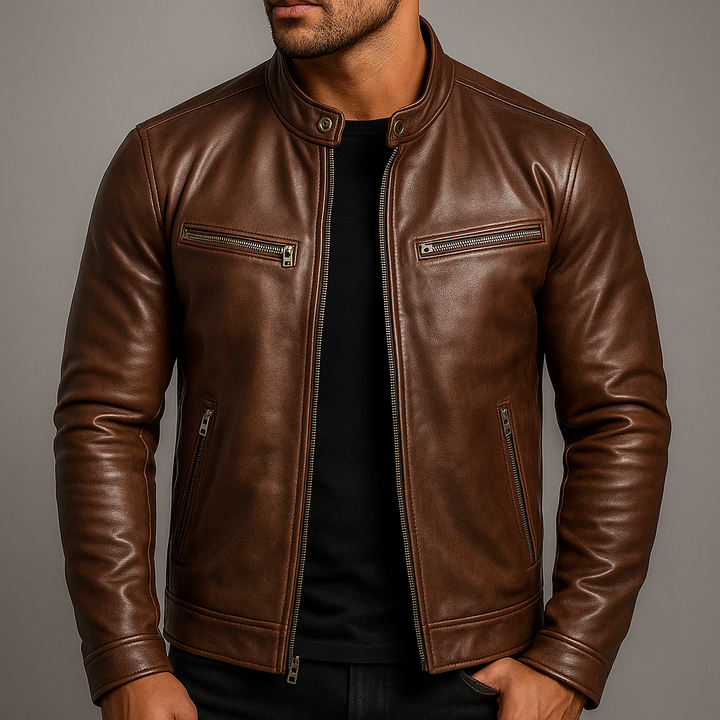 Men's Vegan Leather Vintage Jacket – Four Pockets Metal Zipper Lined