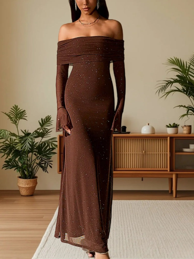 Bodycon Off Shoulder Maxi Dress – Shimmer Stretch Gown