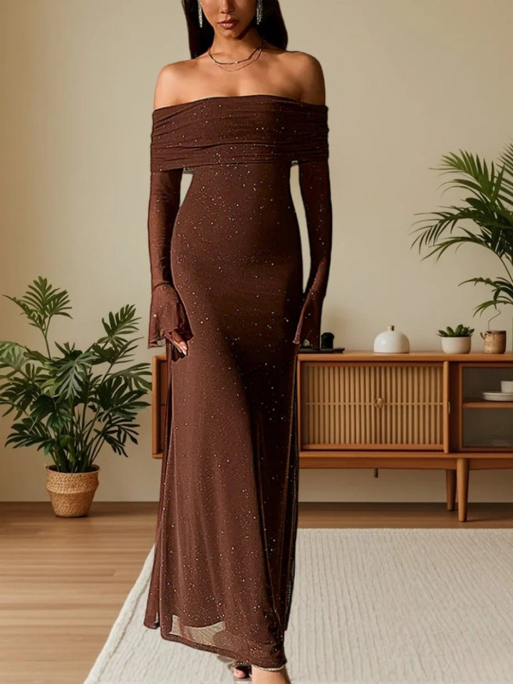 Bodycon Off Shoulder Maxi Dress – Shimmer Stretch Gown