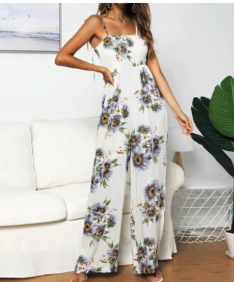 Women's Wide Leg Jumpsuit – Smocked Bodice & Spaghetti Straps