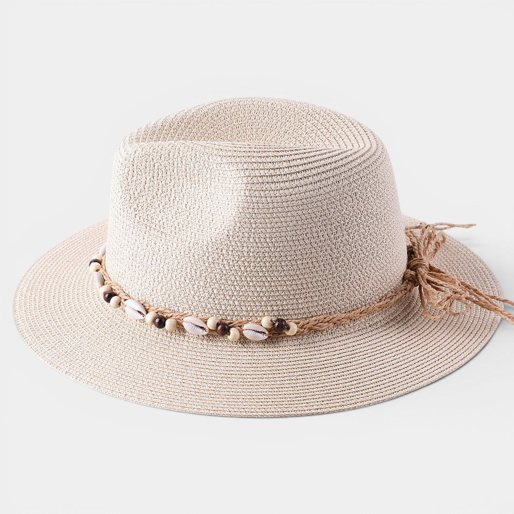 Women's Wide Brim Sun Hat – Shell & Wooden Bead Detail