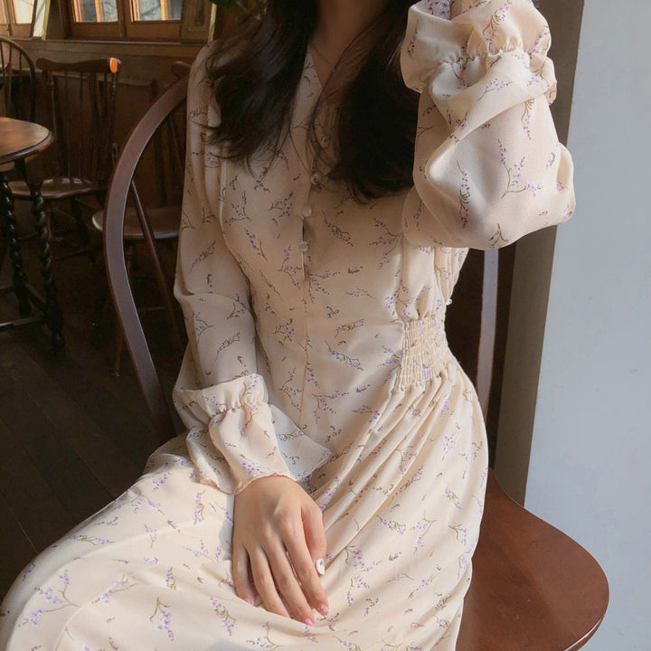 Floral Chiffon Long Sleeve Dress – Lightweight Flowing Silhouette