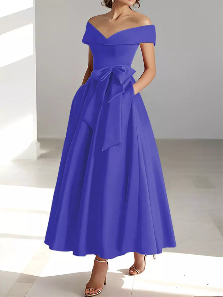Mother of the Bride Dress Satin A-Line – Off-Shoulder Ankle Pockets