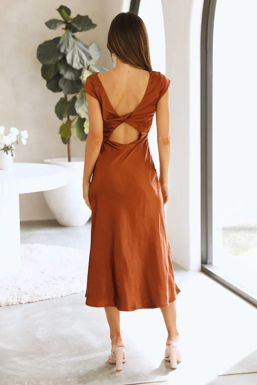 Women's Cap Sleeve Midi Dress – Boat Neck Twist-Back Cutout