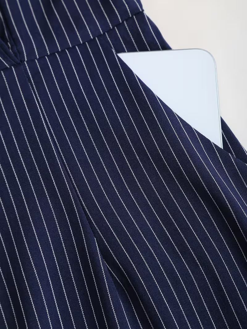 Women's Pinstripe Belted Pencil Midi Dress – Notched Lapel