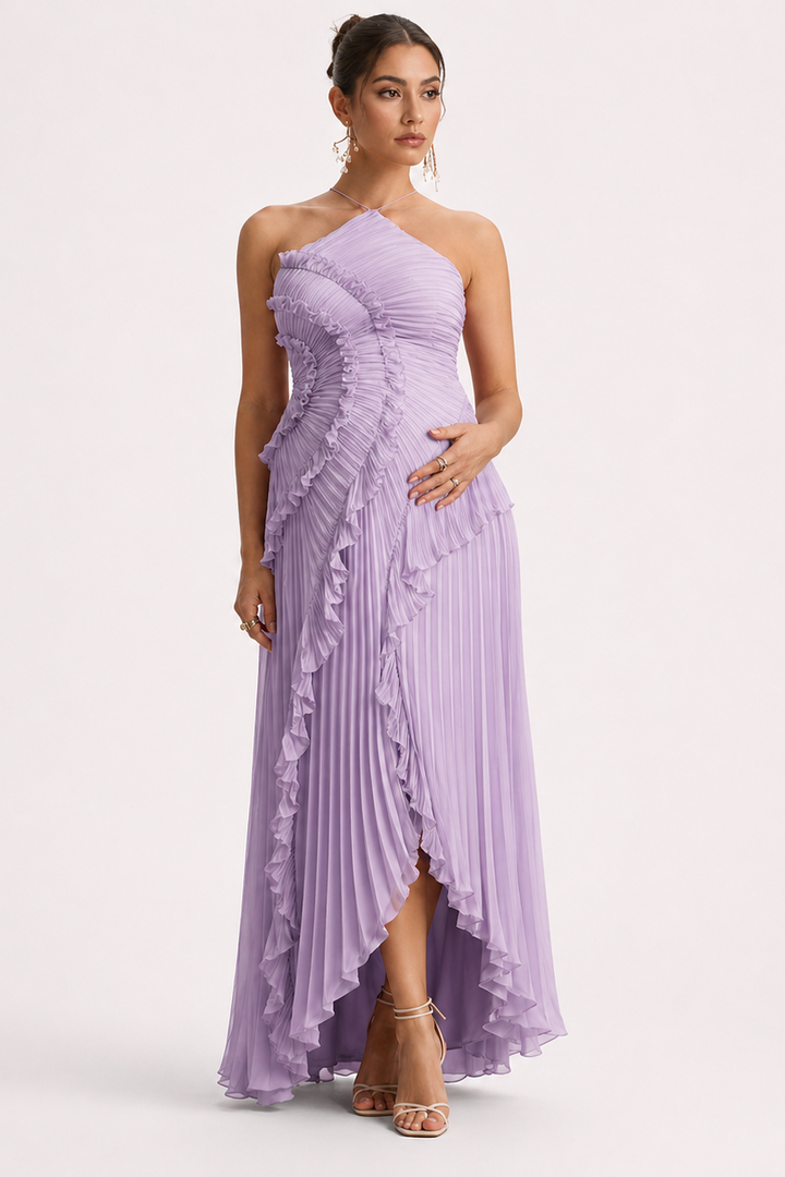 Maternity Maxi Dress – Open Back Ruffle Bodice