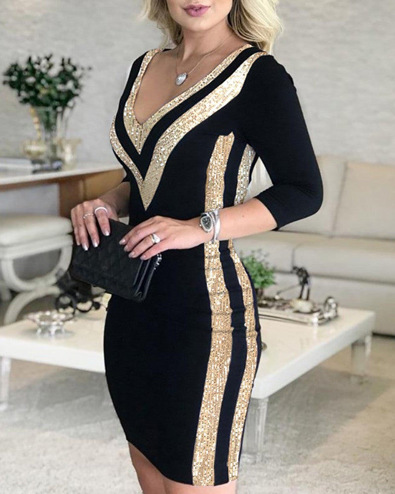 Women's Sequin Trim Bodycon Mini Dress – V-Neck Evening Style
