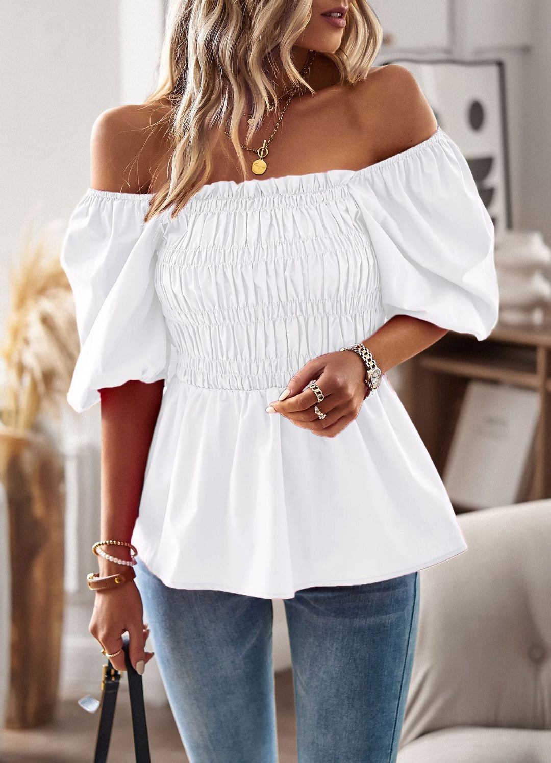Off-Shoulder Peplum Blouse – Ruffled Sleeves Cinched Waist