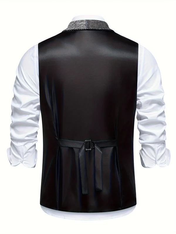Men's Patchwork Herringbone Waistcoat – Single Breasted Woven Vest