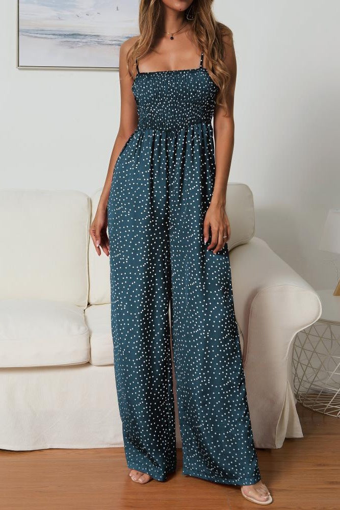 Women's Wide Leg Jumpsuit – Smocked Bodice & Spaghetti Straps