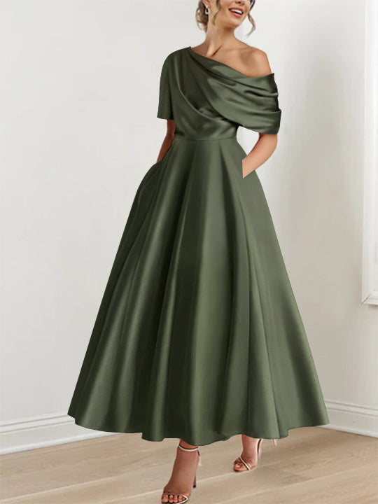 Mother of the Bride Dress Silk Satin A-Line – One-Shoulder Ruffles
