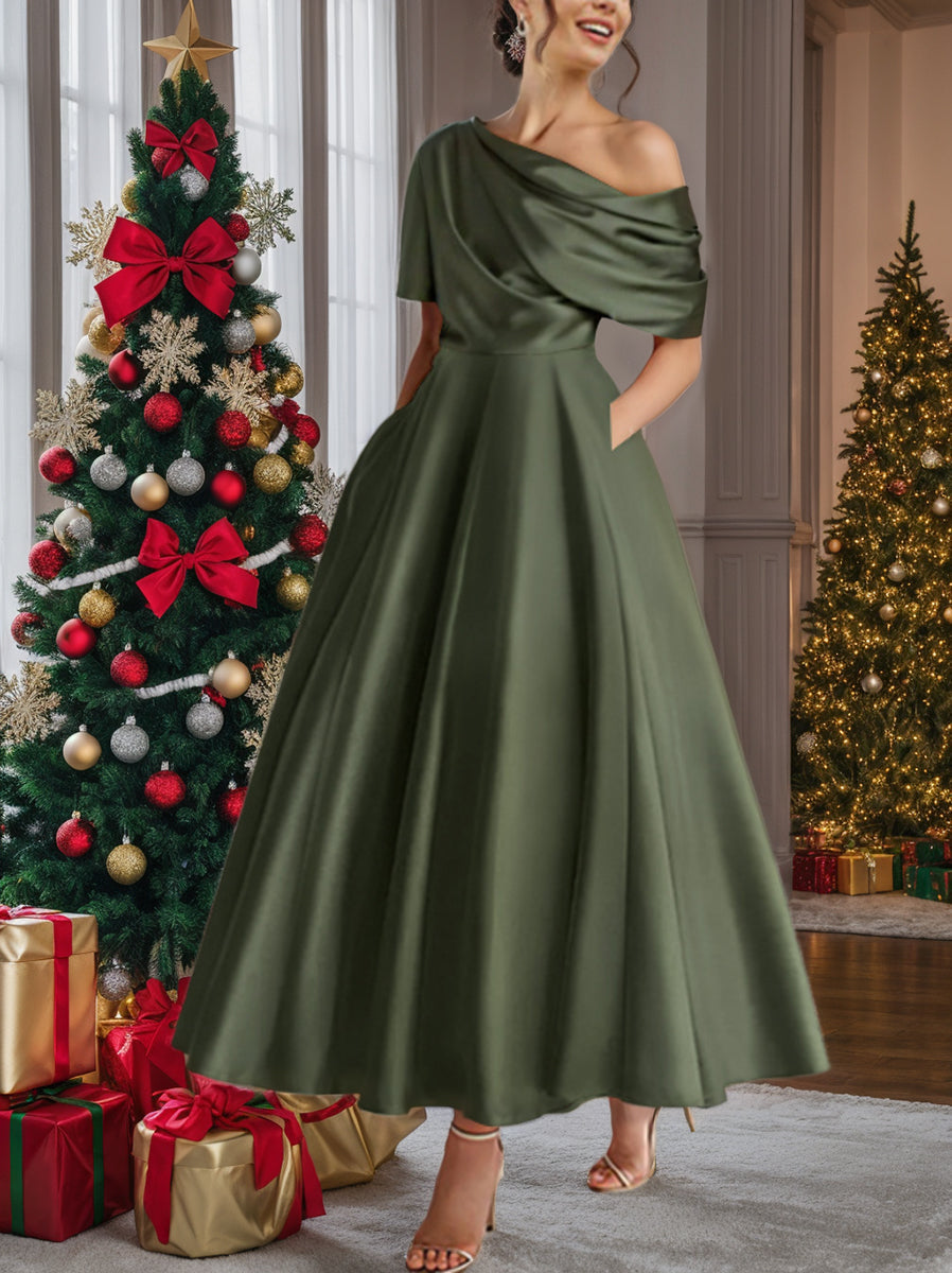 Mother of the Bride Dress Silk Satin A-Line – One-Shoulder Ruffles