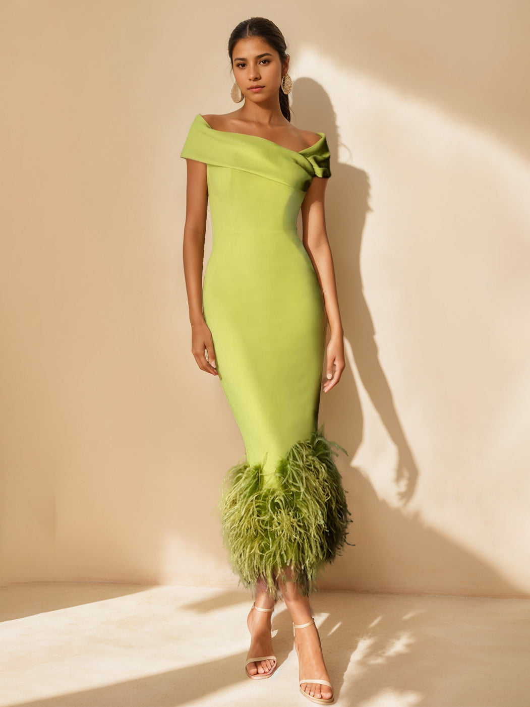 Mother of the Bride Dress Stretch Satin Sheath – Feather Trim Shoulder