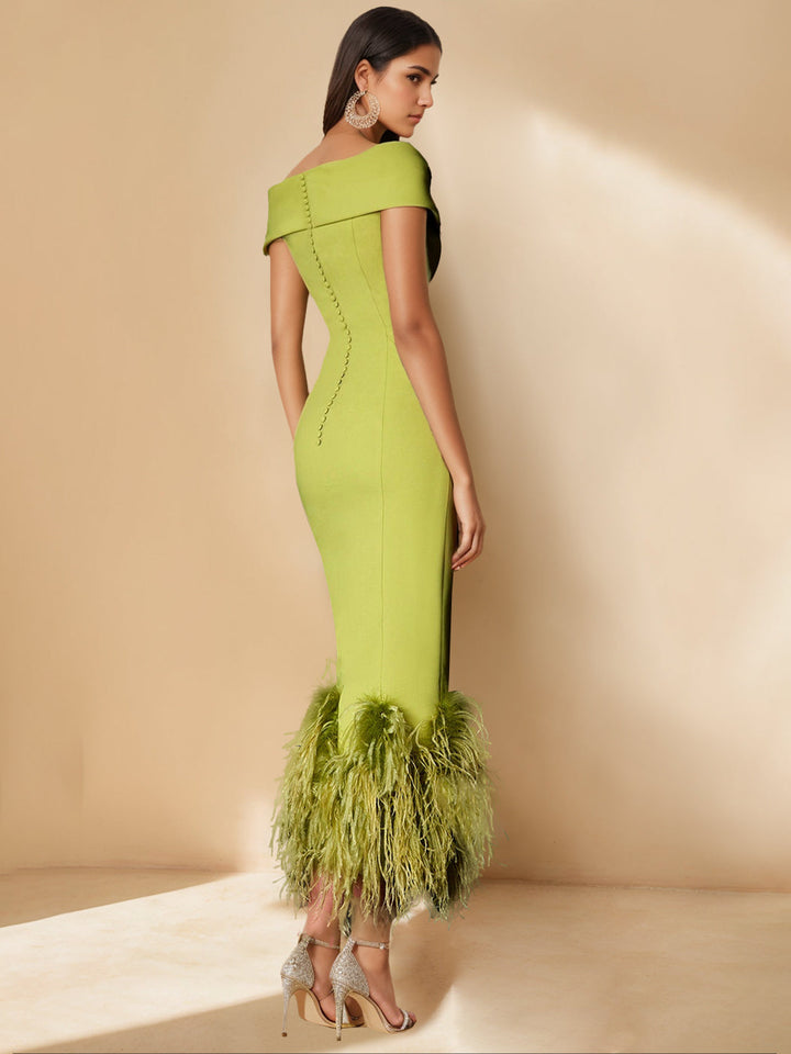 Mother of the Bride Dress Stretch Satin Sheath – Feather Trim Shoulder