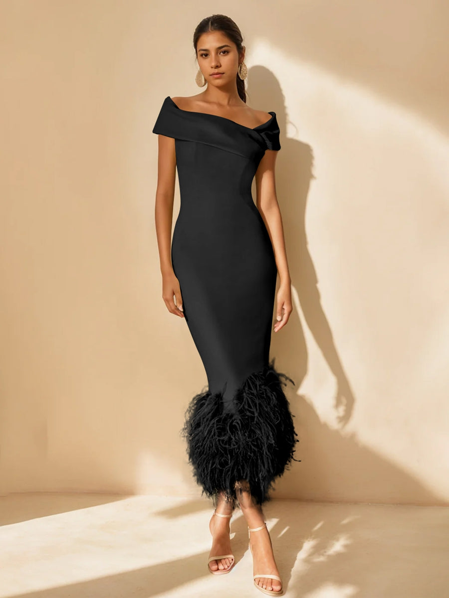 Mother of the Bride Dress Stretch Satin Sheath – Feather Trim Shoulder