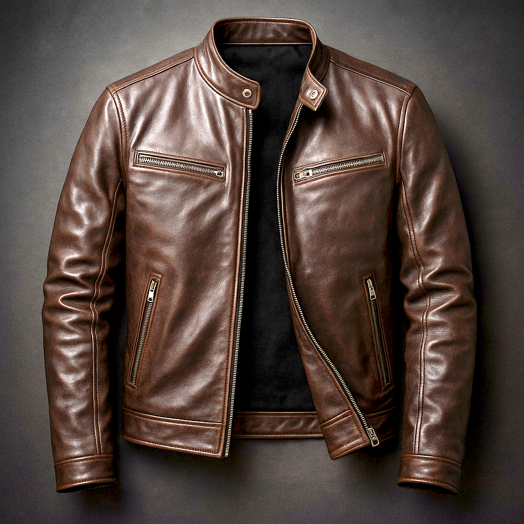 Men's Vegan Leather Vintage Jacket – Four Pockets Metal Zipper Lined