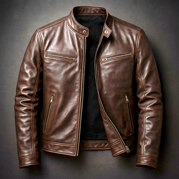 Men's Vegan Leather Vintage Jacket – Four Pockets Metal Zipper Lined