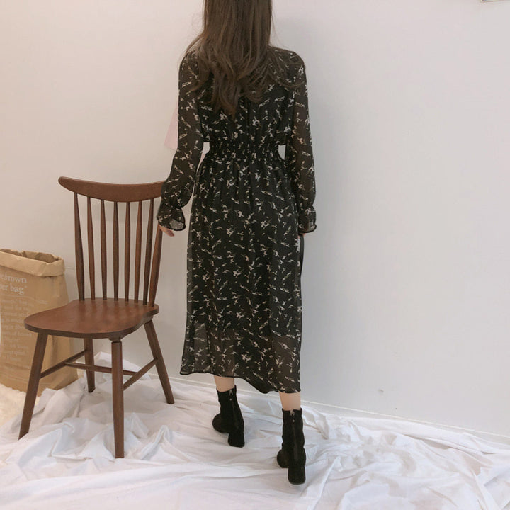 Floral Chiffon Long Sleeve Dress – Lightweight Flowing Silhouette