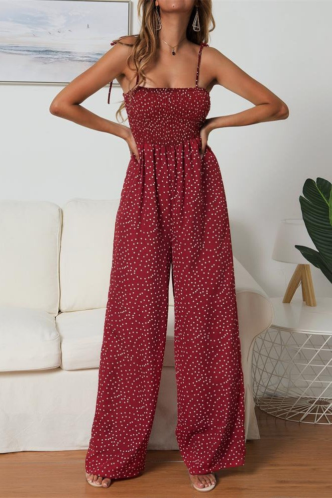 Women's Wide Leg Jumpsuit – Smocked Bodice & Spaghetti Straps